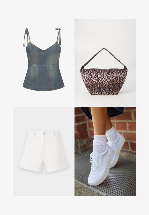 Denim top met verstelbare strikbanden, V-hals en een uitlopende silhouet. Lichtblauwe kleur met zichtbare stiksels. ; Witte denim shorts met een klassieke snit, voorzien van een knoopsluiting aan de voorkant, riemlussen en een glad, textuur oppervlak.; Witte canvas sneakers met rubberen zolen, voorzien van zes vetertjes, een ronde neus en lichte stikdetails, gecombineerd met witte enkelsokken.; Schoudertas van stof met luipaardprint, met een brede, asymmetrische vorm, textuur oppervlak en een enkele, gewatteerde schouderband.