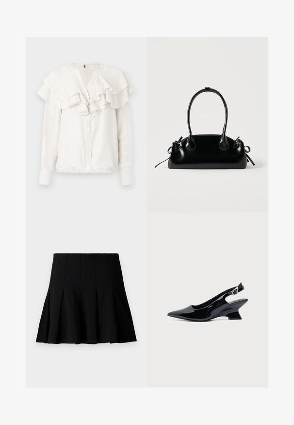 Witte blouse met lange mouwen, voorzien van een rimpelboord en aan de voorkant, met knoopsluiting en zachte, gestructureerde stof.; Zwarte korte geplooide rok gemaakt van een gladde stof. Heeft een elastische tailleband en een uitlopende silhouette die tot halverwege de dij komt.; Zwarte lakleren slingback schoen met spitse neus en lage schuine blokhak op een effen lichte achtergrond.; Kleine zwarte glanzende handtas met twee lange hengsels en zijkant trekkoord details op een effen lichte achtergrond.