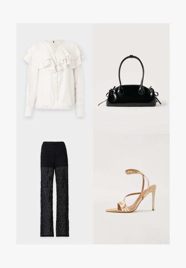 Blouse blanche à manches longues avec col volé et devant froncé, dotée d'une fermeture à boutons et d'un tissu doux et texturé.; Pantalon long en dentelle noire avec une ceinture unie et des jambes partiellement transparentes sur un fond clair et uni.; Even&Odd by Zalando Sandales - gold; Petit sac à main noir brillant avec deux longues anses et des détails à cordon sur les côtés sur un fond clair uni.