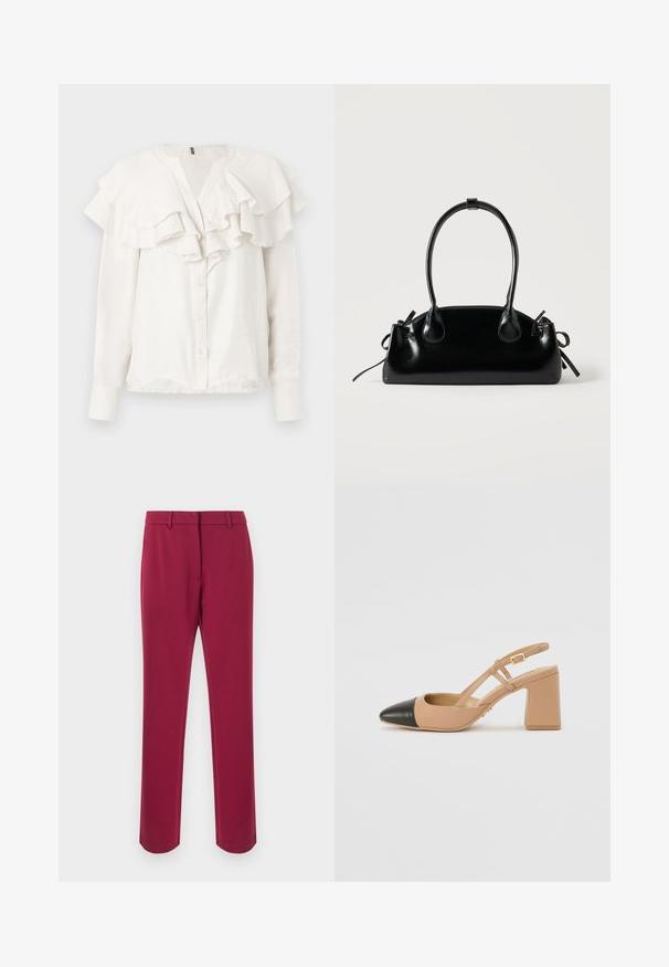Blouse blanche à manches longues avec col volé et devant froncé, dotée d'une fermeture à boutons et d'un tissu doux et texturé.; Pantalon bordeaux en tissu lisse avec une coupe droite, équipé d'une ceinture, de passants pour ceinture et de poches latérales. Aucun détail décoratif.; Chaussure slingback beige avec un bout noir, un talon carré haut et deux accents de sangle, fabriquée en matière lisse.; Petit sac à main noir brillant avec deux longues anses et des détails à cordon sur les côtés sur un fond clair uni.