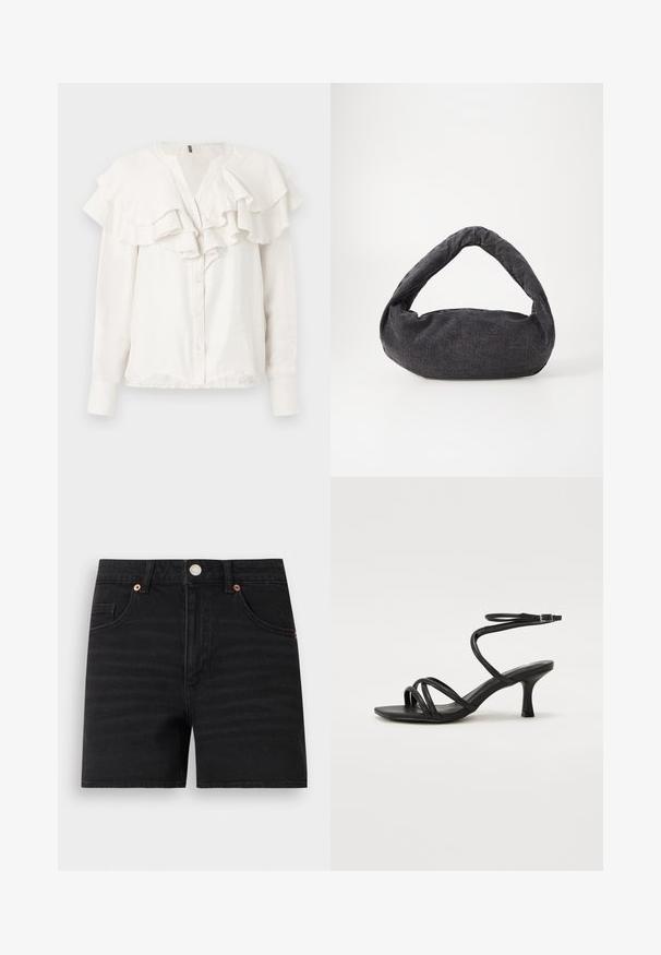 Blouse blanche à manches longues avec col volé et devant froncé, dotée d'une fermeture à boutons et d'un tissu doux et texturé.; Short en denim noir avec fermeture à boutons devant, passants de ceinture, deux poches avant et une petite poche à monnaie, présenté à plat sur fond blanc.; Even&Odd Wide Fit Sandales - black; Sac en tissu gris foncé avec une anse courbée, texture douce et forme arrondie. Pas de matériel ou d'embellissements visibles.