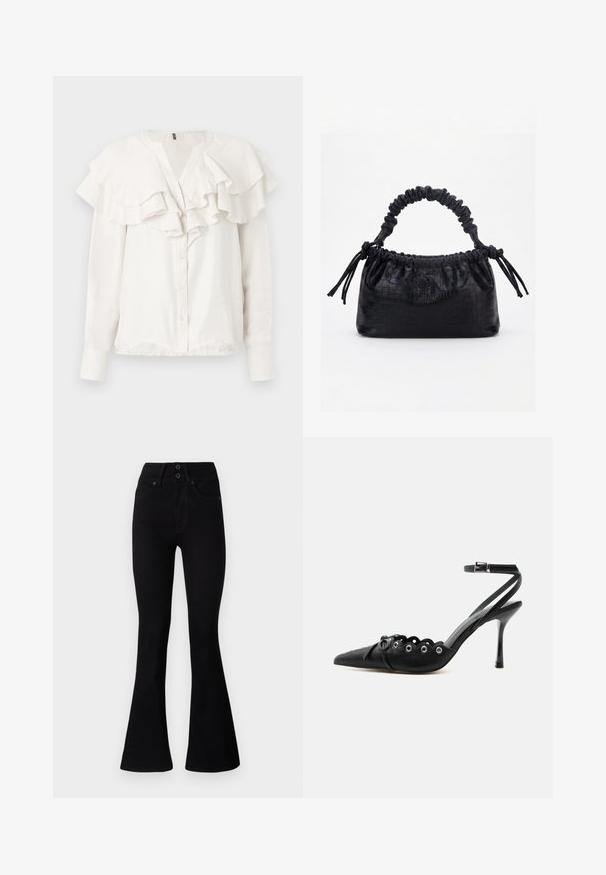 Valge pikakägiga pluus, millel on volangiga krae ja eesmine osa, varustatud nööpidega sulgemisega ning pehme, tekstuuriga kangas.; Pepe Jeans FLARE CONTOUR - Alt laienevad teksad - black denim; Mustad terava ninaga kõrge kontsaga kingad laineliste servadega, metallist silmadega, ees nööriga ja pahkluu rihmaga, mis kinnitub pandlaga.; Must käekott krokodillinaha tekstuuriga, voltis ülaservaga, kogutud sangaga ja kummipaeladega tutsidega igal küljel valgel taustal.