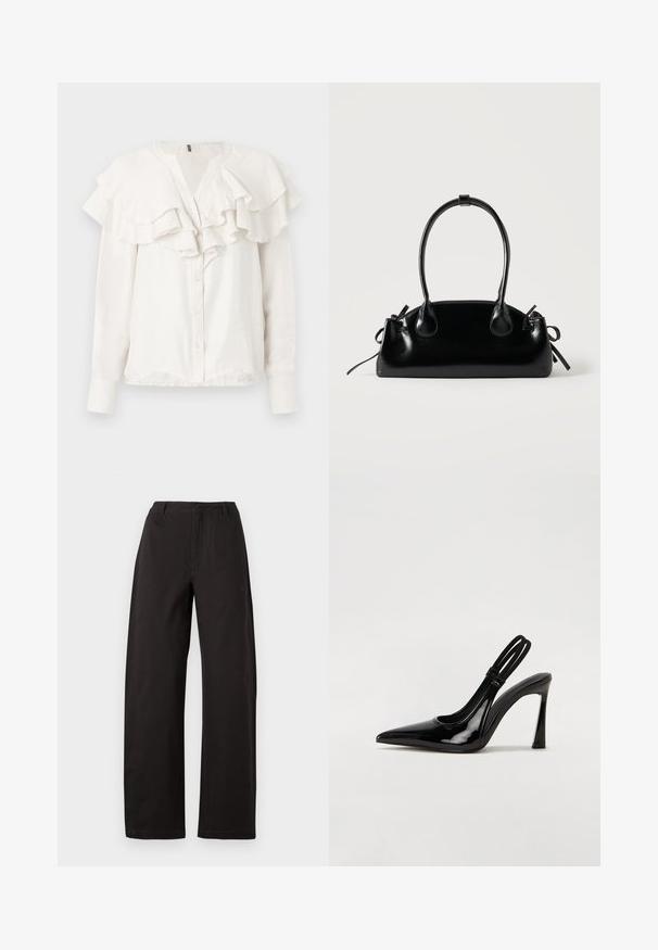 Blouse blanche à manches longues avec col volé et devant froncé, dotée d'une fermeture à boutons et d'un tissu doux et texturé.; Pantalon large noir, avec une taille haute, une coupe droite et une texture lisse. Pas de motifs visibles ni de détails en métal.; Escarpin en cuir verni noir à talon aiguille, à bout pointu, avec une sangle élastique double pour un maintien sécurisé. Surface lisse et brillante.; Petit sac à main noir brillant avec deux longues anses et des détails à cordon sur les côtés sur un fond clair uni.