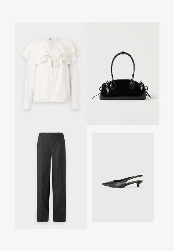 Blouse blanche à manches longues avec col volé et devant froncé, dotée d'une fermeture à boutons et d'un tissu doux et texturé.; Pantalons ajustés gris foncé avec un design à jambes droites, en tissu texturé avec de subtiles speckles. Présente un devant plat et des passants de ceinture.; Chaussure slingback noire à bout pointu en cuir lisse. Présente un talon fin et un détail de boucle sur la sangle réglable.; Petit sac à main noir brillant avec deux longues anses et des détails à cordon sur les côtés sur un fond clair uni.