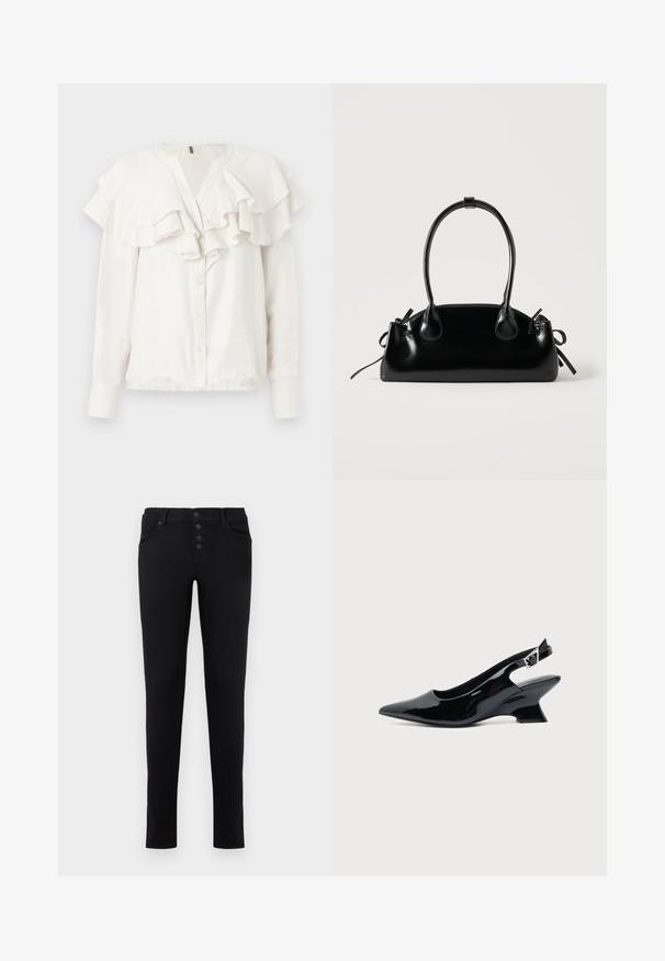 Blouse blanche à manches longues avec col volé et devant froncé, dotée d'une fermeture à boutons et d'un tissu doux et texturé.; Jean en denim noir avec une coupe slim, cinq poches et un bouton. Présente une texture lisse et des lignes épurées.; Chaussure slingback en cuir verni noir avec bout pointu et petit talon bloc incliné sur fond clair uni.; Petit sac à main noir brillant avec deux longues anses et des détails à cordon sur les côtés sur un fond clair uni.