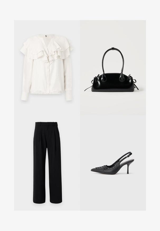 Weiße Bluse mit langen Ärmeln, Rüschensaum am Kragen und vorne, mit einer Knopfleiste und weichem, strukturiertem Stoff.; Schwarze, hochtaillierte, maßgeschneiderte Hose mit weitem Bein, Gürtelschlaufen und vorderen Falten auf weißem Hintergrund.; Schwarzer Leder-Slingback-Stiletto mit spitzem Zehenaufsatz, seitlichem Schnallenriemen, Nieten entlang der Kante und dekorativer Schnürung vorne.; Kleine schwarze glänzende Handtasche mit zwei langen Griffen und seitlichen Kordelzug-Details vor einfachem hellem Hintergrund.