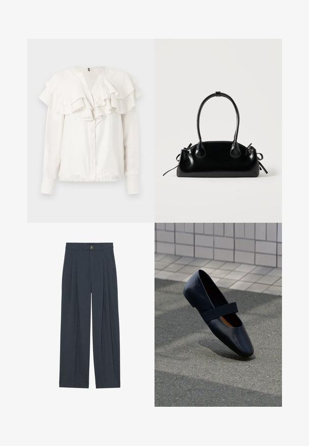 Blouse blanche à manches longues avec col volé et devant froncé, dotée d'une fermeture à boutons et d'un tissu doux et texturé.; Pantalons larges en tissu texturé gris foncé, avec des plis avant, une fermeture à bouton et des poches latérales pour plus de fonctionnalité.; Chaussure plate en cuir noir avec un bout arrondi, dotée d'une douce sangle élastique noire sur le cou-de-pied. Texture lisse et design minimaliste.; Petit sac à main noir brillant avec deux longues anses et des détails à cordon sur les côtés sur un fond clair uni.