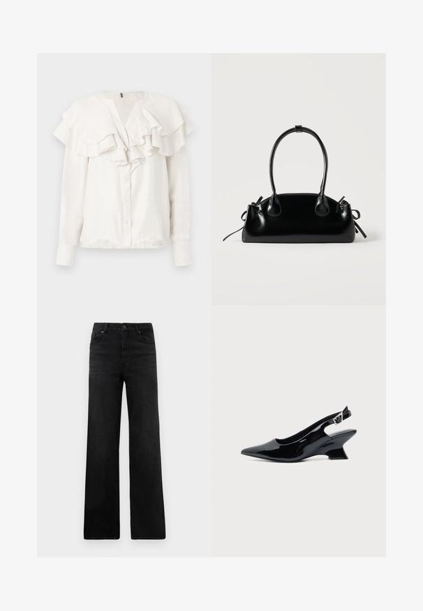 Blouse blanche à manches longues avec col volé et devant froncé, dotée d'une fermeture à boutons et d'un tissu doux et texturé.; Jean en denim noir à jambe large avec un design classique à cinq poches, doté d'une fermeture à bouton et d'une texture subtile. Lignes épurées et embellissements minimalistes.; Chaussure slingback en cuir verni noir avec bout pointu et petit talon bloc incliné sur fond clair uni.; Petit sac à main noir brillant avec deux longues anses et des détails à cordon sur les côtés sur un fond clair uni.