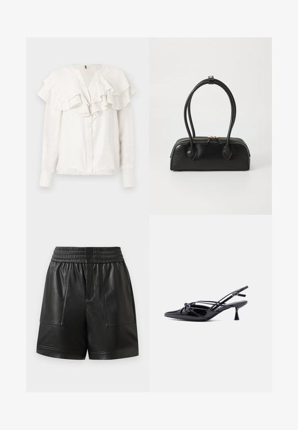 Weiße Bluse mit langen Ärmeln, Rüschensaum am Kragen und vorne, mit einer Knopfleiste und weichem, strukturiertem Stoff.; Schwarze Kunstleder-Shorts mit elastischem Bund, vorderem Druckknopf, großen Front-Patchtaschen und geradem Saum.; Schwarzer Slingback-Pumps aus Lackleder mit spitzer Zehenpartie, niedrigem Kitten-Heel und dekorativer, geknoteter Schleife vorne.; Schwarze Lederhandtasche mit zwei verlängerten Griffen, Reißverschluss und runder Form; glatte Textur mit subtiler glänzender Oberfläche.
