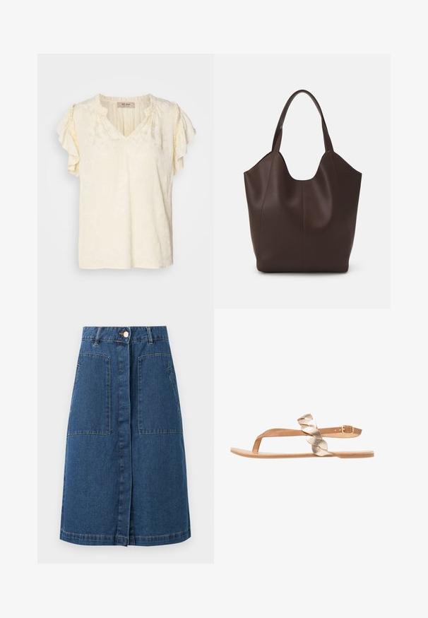 Top à manches courtes en crème clair avec un motif floral texturé ; présente des manches volantées et une coupe décontractée.; Jupe en denim bleu foncé longueur genou avec fermeture boutonnée à l'avant, passants pour ceinture et deux grandes poches plaquées à l'avant.; Sandales en cuir plate avec une lanière beige et un dessus en métal tressé doré. Présente un design à lanière et une bride de cheville avec une boucle.; Sac en cuir brun avec une texture lisse, présentant une forme unique, une large ouverture et deux courtes poignées pour le porter.