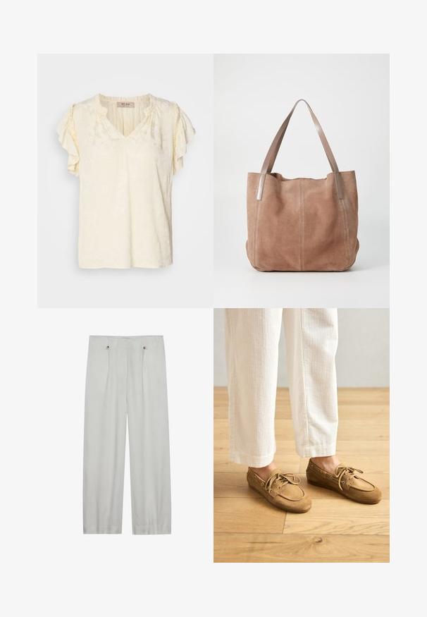 Top à manches courtes en crème clair avec un motif floral texturé ; présente des manches volantées et une coupe décontractée.; Pantalons taille haute en gris clair, à jambes larges, fabriqués en tissu doux. Comprend deux plis avant, deux boutons de fermeture et une texture lisse.; Bateaux en daim marron avec lacets, présentant un bout arrondi et des accents cousus. Portés avec un pantalon en velours côtelé blanc dans un environnement en bois.; Anna Field by Zalando LEATHER - Cabas - taupe