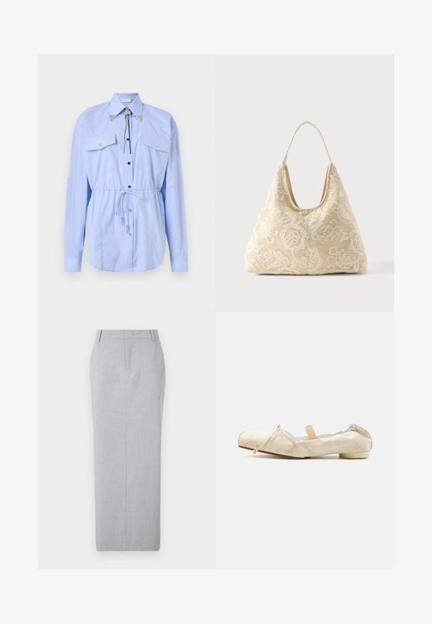 Rabanne Skjortebluser - tartan/blue/yellow; Grå skræddersyet blyantskirt lavet af glat stof. Har en lige skæring, flad front og ingen synlige lommer.; Beige blødt stof balletsko med lav hæl, elastisk bagpå, sløjfedetalje på tåen og en ferskenfarvet elastisk rem over vristen.; Kremfarvet stoftaske med hvidt blomsterhæklet mønster og en enkelt tynd skulderrem på ensfarvet baggrund.