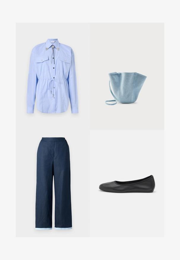 Rabanne Blúzka so zapínaním na gombíky - tartan/blue/yellow; Námornícke široké nohavice vyrobené z ľanu, s elastickým pásom a kontrastným svetlomodrým lemom na spodnom okraji. Hladká textúra.; Čierne kožené baleríny s okrúhlou špičkou, hladkým povrchom, minimálnym prešívaním a flexibilným dizajnom podrážky.; Svetlomodrá látková taška do ruky s dlhým popruhom, širokým horným otvorom a zošitými vertikálnymi švami, umiestnená na jednoduchom bielom pozadí.