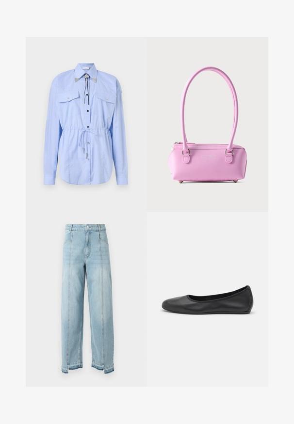Rabanne Skjortebluser - tartan/blue/yellow; Lys blå denim jeans med brede ben, høj talje og frynset kant. Har to forlommer og synlige sømme langs sømmene.; Sort læderballetsko med rund tå, glat tekstur, minimal syning og et fleksibelt såldesign.; Lille rektangulært pink håndtaske med lange håndtag, lynlåslukning og subtil præget logo foran mod ensfarvet baggrund.