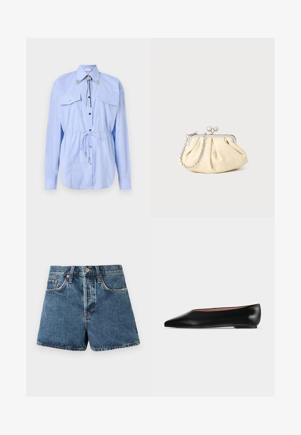 Rabanne Overhemdblouse - tartan/blue/yellow; Denim shorts in medium blue met een hoge taille, vijf zakken, contrasterende stiksels en een metalen knoopsluiting. Textuurstof met een lichte vervaging.; Zwarte leren damesschoen met platte zool, puntige neus en lage hak, zijwaarts afgebeeld tegen een effen lichtgrijze achtergrond.; Geplooide beige leren clutch met een zilveren metalen frame, voorzien van twee ronde decoratieve sluitingen en een zilveren kettingriem.