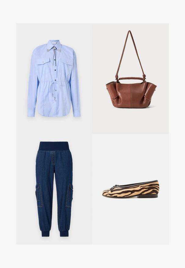 Rabanne Hemdbluse - tartan/blue/yellow; Denim-Jogginghosen mit einem breiten elastischen Bund, zwei seitlichen Cargo-Taschen und gerippten Bündchen; dunkelblaue Farbe mit kontrastierenden Nähten.; Flacher Ballettschuh mit Tigerstreifenmuster, schwarzem Besatz, kleiner Schleife vorn und niedrigem Absatz auf weißem Hintergrund.; Braune Lederhandtasche mit einem geflochtenen Griff und verstellbarem Schultergurt. Verfügt über sanft gefaltete Seiten und sichtbar genähte Akzente.