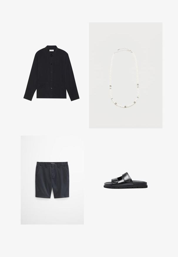 Zwarte lange mouw shirt met een knoopsluiting, kraag, twee voorkKEN pockets en een gemêleerde stofafwerking.; Zwarte knielange herenshorts met riemlussen, een knoopsluiting en voorzakken op een effen lichtgrijze achtergrond.; Zwarte leren slide sandaal met een brede verstelbare band, open teen en een gestructureerde zool. Minimalistisch ontwerp met een platte, gevoerde binnenzool.; Witte parelketting met zilveren strass tussenstukjes en een zilveren ketting sluiting, weergegeven tegen een eenvoudige lichte achtergrond.