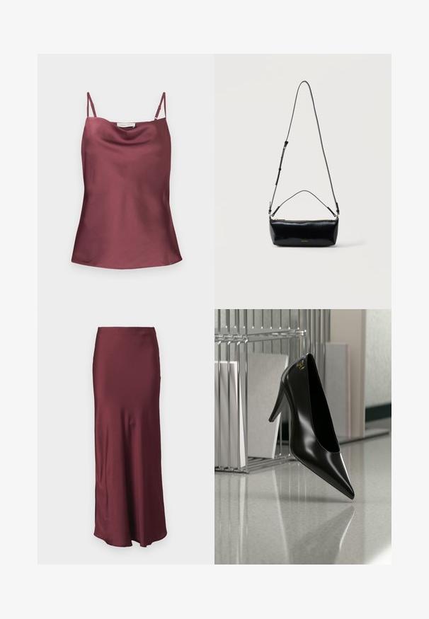 Haut caraco en satin sans manches de couleur mauve foncé avec bretelles spaghetti réglables et encolure drapée.; Jupe maxi en satin bordeaux avec une taille ajustée et un ourlet évasé, présentant une texture lisse et sans motifs ni ornements visibles.; Chaussure noire à talon haut avec bout pointu et logo doré, posée sur une surface réfléchissante près d'un organiseur de dossiers en fil chromé contenant des documents.; Sac bandoulière rectangulaire en cuir noir avec bandoulière ajustable, fermeture éclair sur le dessus et petit logo Calvin Klein doré sur le devant.