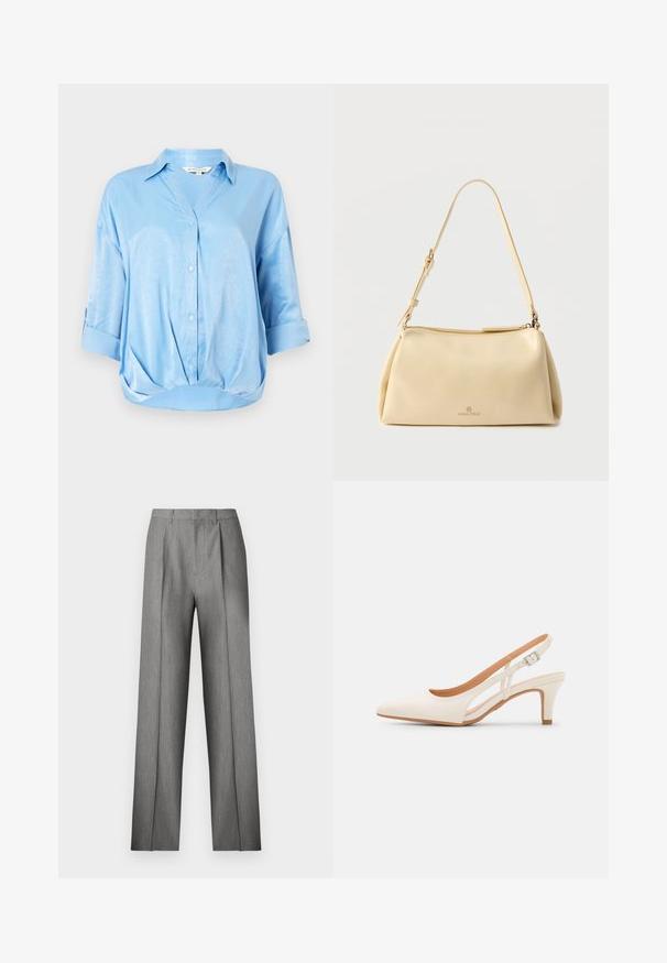 Lichtblauwe satijnen blouse met opgevouwen driekwart mouwen, knoopsluiting aan de voorkant, kraag en gathered zoomdetail.; Grijze op maat gemaakte broek met geplooide voorkant, rechte pijpen en een subtiele textuur. Heeft een tailleband met riemlussen en geen zichtbare zakken.; Witte slingback hak met een spitse neus, glad bovenmateriaal, lage blokhak en een design met uitsparingen aan de zijkant, voorzien van een verstelbare gespsluiting.; Beige rechthoekige schoudertas met verstelbare riem en ritssluiting, met een klein "Anna Field" logo middenvoor.