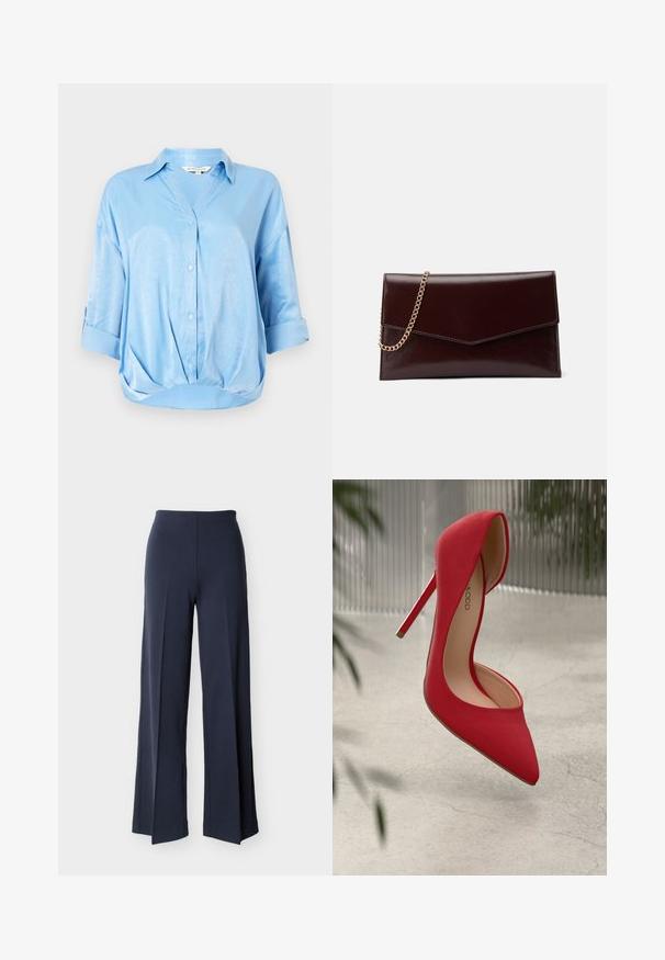 Lysblå satinbluse med folded trekvartslangeærmer, knaplukning fortil, krave og indsamlet kantdetalje.; Marineblå bukser med vide ben og sideslidser, høj talje og glat front, vist mod en hvid baggrund.; Rød højhælet sko med spids tå og glat ruskindsoverflade. Har en stiletto-hæl og en guldaccent ved hælens bund.; Læder clutch i mørk burgundy med en kuvertdesign. Har en guldkædebærer, glat overflade og en spids flaplukning.