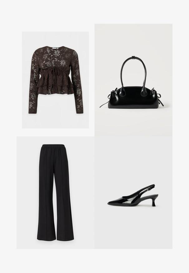 Blouse en dentelle marron foncé à manches longues avec motif floral, col en V, taille froncée et détail noué à l'avant.; Pantalon noir à jambes larges avec taille élastique et détails de coutures verticales, présenté sur un fond blanc uni.; Escarpins en cuir verni noir avec un bout pointu et un petit talon carré. Sangle réglable à la cheville avec boucle.; Petit sac à main noir brillant avec deux longues anses et des détails à cordon sur les côtés sur un fond clair uni.