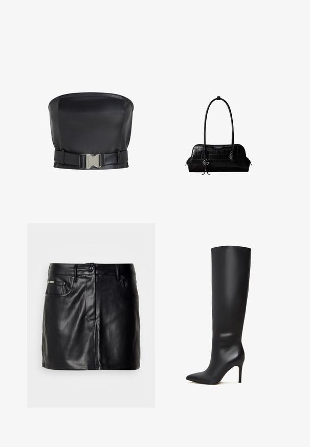 Top sans bretelles en cuir noir au design structuré, avec une fermeture à boucle à l'avant et une texture lisse et élégante.; Mini-jupe en cuir noir au design ajusté, dotée de poches avant, d'une fermeture à bouton et d'une texture lisse.; Botte en cuir noir, montante, à talon aiguille, avec un bout pointu et une surface lisse et élégante. Elle dispose d'un talon haut et fin pour une silhouette élancée.; Sac à épaule en cuir noir à texture crocodile, avec de longues sangles et un petit charm logo argenté sur une sangle.
