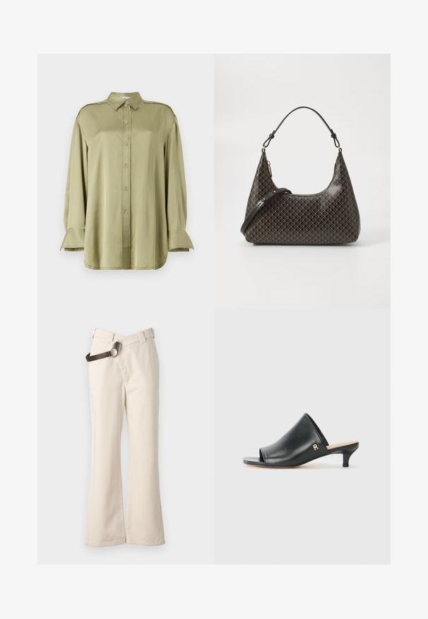 Olijfgroen blouse gemaakt van soepel stof, met een kraag, knopen aan de voorkant, lange mouwen met manchetaccenten, en rafelige details.; Pinko PAINT PANTALONE - Broek - beige betulla; Zwarte leren open teen muiltjes met een lage hak. Heeft een glad oppervlak en een gouden logo accent aan de zijkant.; Zwarte leren schoudertas met een herhalend beige geometrisch patroon, gouden rits en twee verstelbare banden op een witte achtergrond.