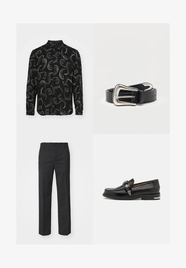 Čierna košeľa na gombíky s bielymi vírivými paisley vzormi, dlhými rukávmi a klasickým golierom, vyrobená z ľahkej tkaniny.; Filippa K TROY TROUSERS - Nohavice - black; Čierne kožené mokasíny so striebornými ozdobnými prvkami, hore z mokasínového štýlu, s detailným prešívaním a s vrstveným opätkom.; Čierny kožený opasok s veľkou striebornou western štýlovou prackou a zodpovedajúcim strieborným koncom opaska, stočený na bielom pozadí.