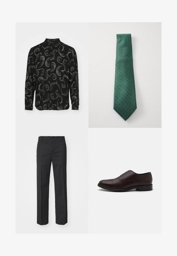 Mustapaita, jossa on valkoisia kieppuavia paisleymalleja, pitkät hihat ja peruskaulus, valmistettu kevyestä kankaasta.; Filippa K TROY TROUSERS - Housut - black; Ruske kožne večerne cipele s glatkom površinom, zaobljenim vrhom, dizajnom s pet rupica za vezanje i niskom složenom petom.; Vihreä silkkitaita, jossa on teksturoitu herringbone-kuvio, jossa on pieniä mustia pilkkuja, ja terävä pää. Sileä pinta, keskikoko.