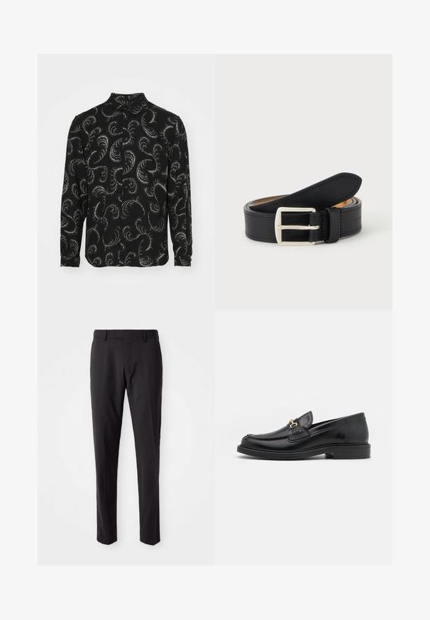 Zwarte button-up shirt met witte kronkelige paisleypatronen, lange mouwen en een standaard kraag, gemaakt van lichtgewicht stof.; Zwarte op maat gemaakte broeken met een platte voorkant, slim fit, riemlussen en een soepele textuur. Geschikt voor formele of zakelijke kleding.; Zwarte leren instappers met een ronde neus, voorzien van een gouden hardware accent en stikdetails, geplaatst op een lage, getextureerde rubberen zool.; Zwarte leren riem opgerold met zichtbare zilveren rechthoekige metalen gesp op een effen lichte achtergrond.