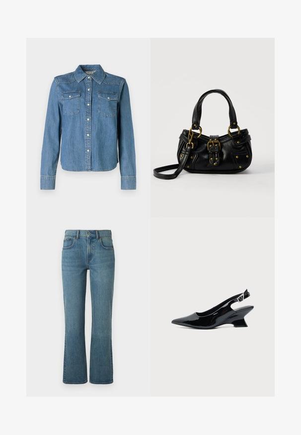 Denimskjorte med en lys blå nuance, klassisk krave og to brystlommer. Den har trykknapper og lange ærmer med knapmanchetter.; Lysblå flagrende jeans lavet af denim, med fem lommer, en frontknaplukning og subtil fading for tekstur.; Sort laklæder slingback sko med spids tå og lav vinklet blokhæl på ensartet lys baggrund.; Sort læderhåndtaske med guldbælge og nitdetaljer, korte håndtag og en justerbar skulderrem på en ensfarvet hvid baggrund.