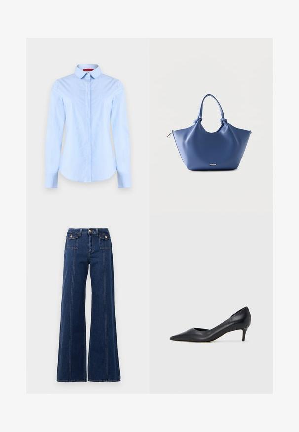 Camisa de manga larga azul claro con botones, con sutiles rayas verticales y cuello puntiagudo, exhibida sobre un fondo liso.; Jeans de denim de pierna ancha en azul oscuro. Cuenta con cuatro bolsillos, grandes detalles de costura y un diseño de cintura alta. Cierre clásico de botón.; Zapato de tacón bajo de cuero negro con punta puntiaguda. Presenta una textura lisa y un brillo sutil. Corte abierto en la parte frontal para un detalle adicional.; Bolso tote de cuero azul con asas anudadas y logotipo plateado de DKNY en el frente, sobre un fondo claro y sencillo.