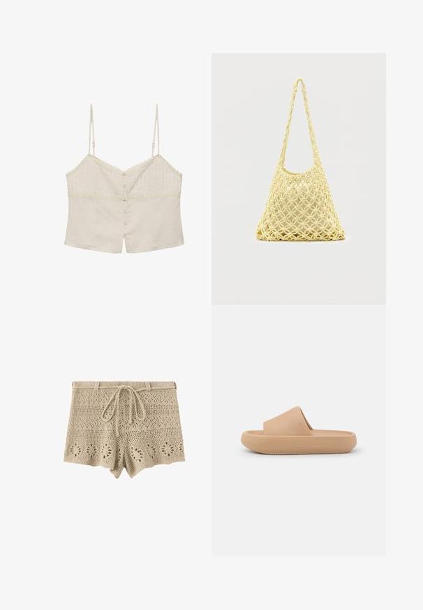 Beige cropped camisole med tynde justerbare stropper, blondekant og knaplukning foran.; Beige strikkede shorts med snøre i taljen og dekorative åbenarbejdsmønstre på ben og krop.; Tan slidesandal med en tykk tekstureret rem og en rund sål. Har en glat overflade og en mønstret underside for bedre greb.; Gul makramé-nettaske med lang rem og beige pose indeni, vist på en ensartet hvid baggrund.
