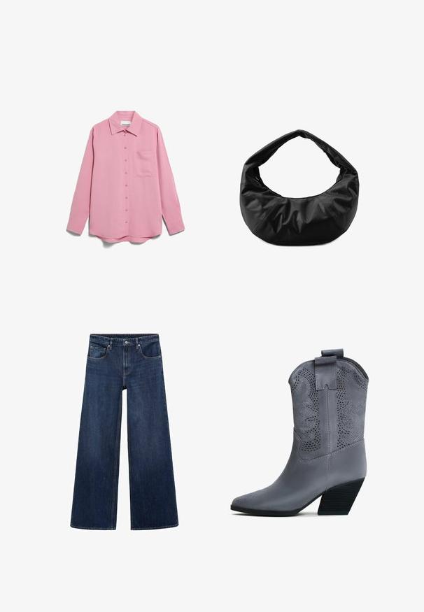 ARMEDANGELS LINO BLEND - Hemdbluse - washed berry; Dunkelblaue weit geschnittene Jeans aus Denim, mit vorderen Taschen, Gürtelschlaufen und einem Knopfverschluss an der Taille.; Graue Fake-Suede-Cowboystiefel mit spitzer Zehenpartie, dekorativen Ausschnitten und einem gestuften Absatz. Verfügt über eine Ziehlasche für einfaches Anziehen.; Schwarze Leder-Hobo-Tasche mit einer weichen, glatten Textur, geschwungenen Silhouette und einem breiten Tragegurt. Verfügt über geraffte Details und gestickte Akzente.
