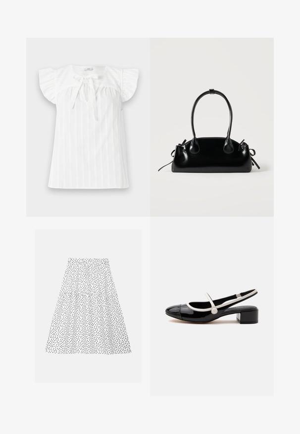 Blouse blanche avec des manches courtes à volants, un buste froncé et un détail de nouage à l'avant. Présente des rayures verticales et un col rond.; Jupe blanche avec une taille froncée et des pois noirs, dotée d'un design à volants qui ajoute du volume et de la texture.; Chaussure slingback en cuir verni noir avec bride et garniture blanches, talon bas à bloc et bout rond sur fond blanc.; Petit sac à main noir brillant avec deux longues anses et des détails à cordon sur les côtés sur un fond clair uni.