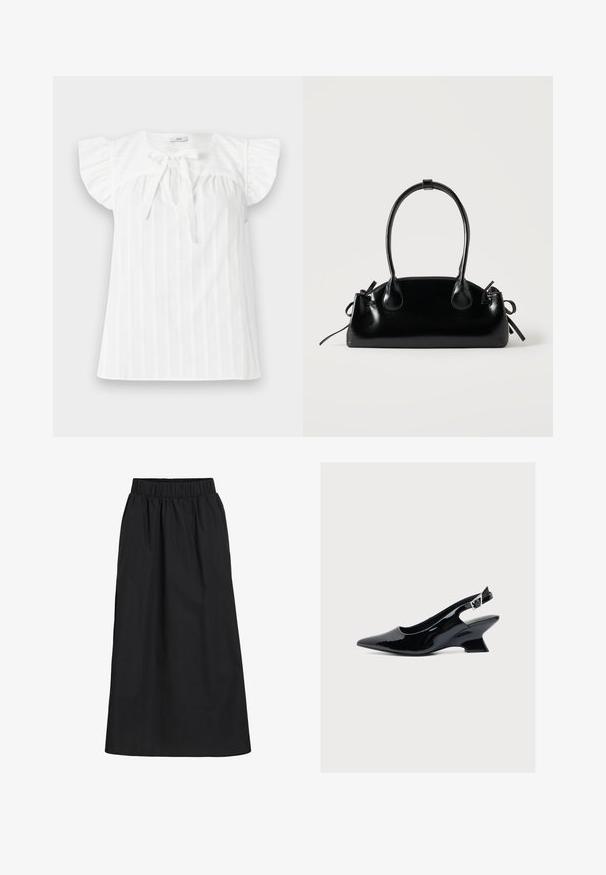 Blusa blanca con mangas cortas con volantes, un cuerpo fruncido y un detalle de lazada en el frente. Presenta rayas verticales y un escote redondo.; Falda negra, hasta las rodillas, hecha de tela suave y ligera. Cuenta con una cinturilla elástica y un diseño simple y fluido sin adornos.; Zapato slingback de charol negro con puntera puntiaguda y tacón bloque bajo y angulado sobre fondo blanco.; Pequeño bolso negro brillante con dos asas largas y detalles de cordón lateral sobre un fondo claro liso.