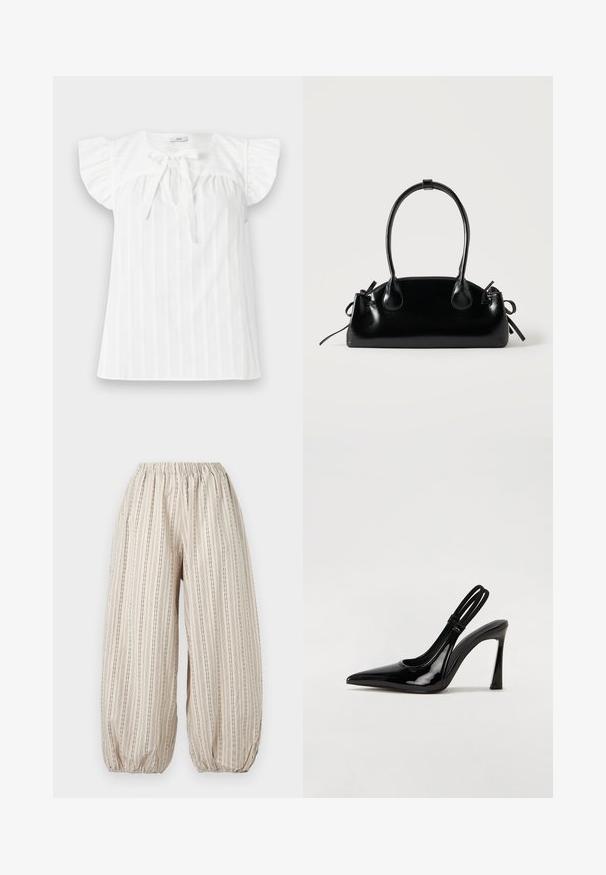 Blouse blanche avec des manches courtes à volants, un buste froncé et un détail de nouage à l'avant. Présente des rayures verticales et un col rond.; Pantalon beige ample avec des rayures noires verticales, taille élastique et poignets élastiques froncés aux chevilles.; Escarpin en cuir verni noir à talon aiguille, à bout pointu, avec une sangle élastique double pour un maintien sécurisé. Surface lisse et brillante.; Petit sac à main noir brillant avec deux longues anses et des détails à cordon sur les côtés sur un fond clair uni.