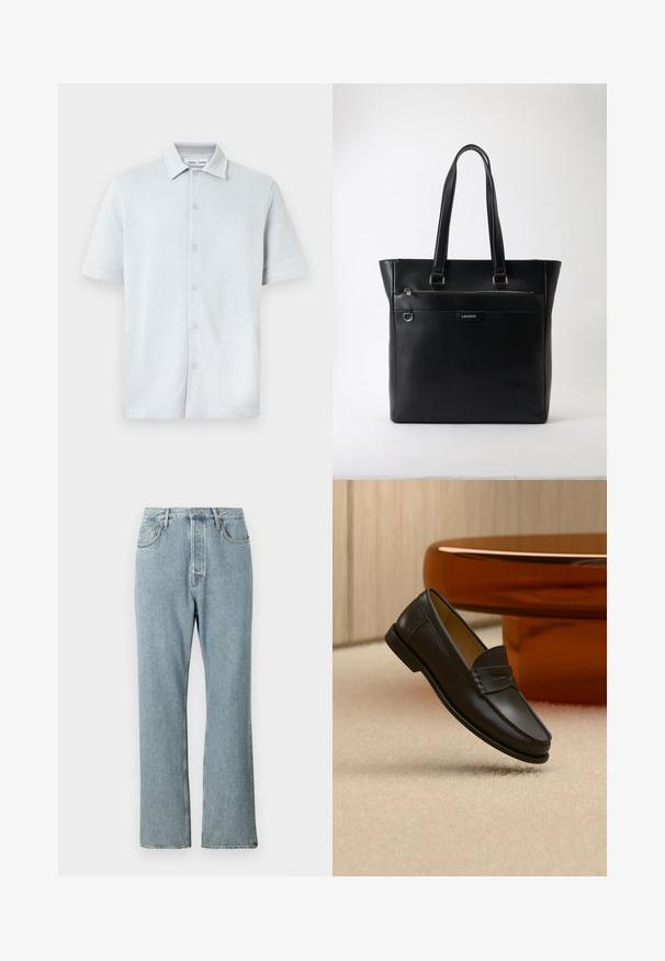 Korte mouwen overhemd met kraag in lichtblauw, structuurstof met een ruitpatroon, voorzien van een knoopsluiting aan de voorkant en een rechte zoom.; Lichtblauwe denim jeans met een hoge taille, brede rechte pijpen en eenvoudige stiksels. Heeft vijf zakken en een klassieke knoopsluiting.; Zwarte leren loaferschoen zwevend boven een beige tapijt met amberkleurige moderne meubels op de achtergrond.; Zwart getextureerde leren tote bag met twee handvatten, voorvak met ritssluiting, metalen ring en Lacoste-logo op een witte achtergrond.