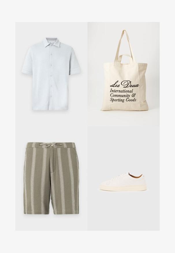 Camisa de manga corta con cuello en azul claro, tejido texturizado con patrón de diamantes, con cierre frontal de botones y dobladillo recto.; Pantalones cortos verdes de tela texturizada, con rayas blancas verticales, una cinturilla ajustable con cordón y bolsillos laterales inclinados.; Zapatilla blanca de corte bajo con diseño de cordones, detalles mínimos de costuras y suela color crema sobre un fondo gris claro.; Bolsa de algodón beige con dos asas resistentes. Presenta un texto impreso en negro: "Les Deux International Community & Sporting Goods."