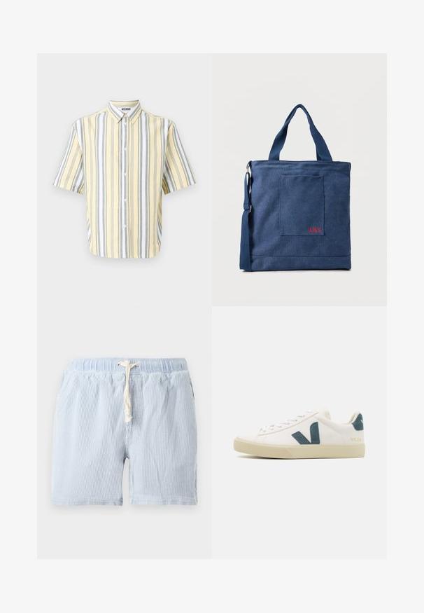 Camisa de manga corta en amarillo con rayas verticales grises y blancas, que presenta un cuello tipo camisa con botones y cierre frontal con botones.; Pantalones cortos a rayas de color azul claro, hechos de un tejido suave con cintura elástica y cordón. Con bolsillos laterales y un corte relajado.; Zapatilla de piel blanca con un logo de ante en color azul petróleo, puntera redonda, diseño con cordones y suela de goma con detalles texturizados. Nombre de la marca "VEJA" en dorado.; Bolso tote de lona azul con bolsillo frontal y bordado rojo "O.N.S", con asas dobles y una correa ajustable para el hombro.