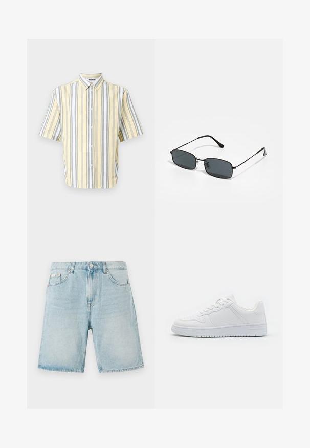 Chemise à manches courtes jaune avec des rayures verticales grises et blanches, dotée d'un col boutonné et d'une fermeture à boutons sur le devant.; Shorts en denim bleu clair avec une coupe ample, dotés de poches avant, d'une fermeture à bouton et d'un léger délavage.; Baskets blanches en matière synthétique lisse, avec des lacets plats, une pointe perforée et une semelle en caoutchouc dotée d'un motif de grip texturé.; Lunettes de soleil rectangulaires noires avec une fine monture en métal et des verres foncés reposant sur une surface blanche.