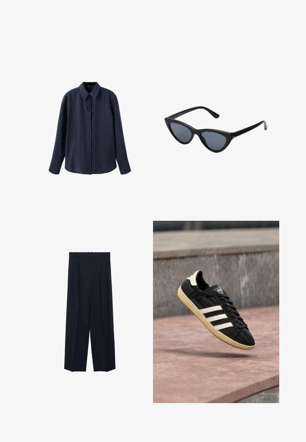 Camisa azul marino de manga larga con botones, con finas rayas verticales blancas y cuello clásico, mostrada sobre un fondo blanco.; Pantalones de pierna ancha en color navy con pliegues frontales, cintura plana y sin hardware visible. Fabricados con una tela suave de textura sutil.; Zapatilla negra Adidas con rayas blancas y suela beige, capturada en el aire sobre una superficie de piedra y con fondo de muro de piedra.; Gafas de sol negras en forma de ojo de gato con lentes gris oscuro, marco de plástico elegante, esquinas puntiagudas y patillas rectas. Sin herrajes ni acentos visibles.