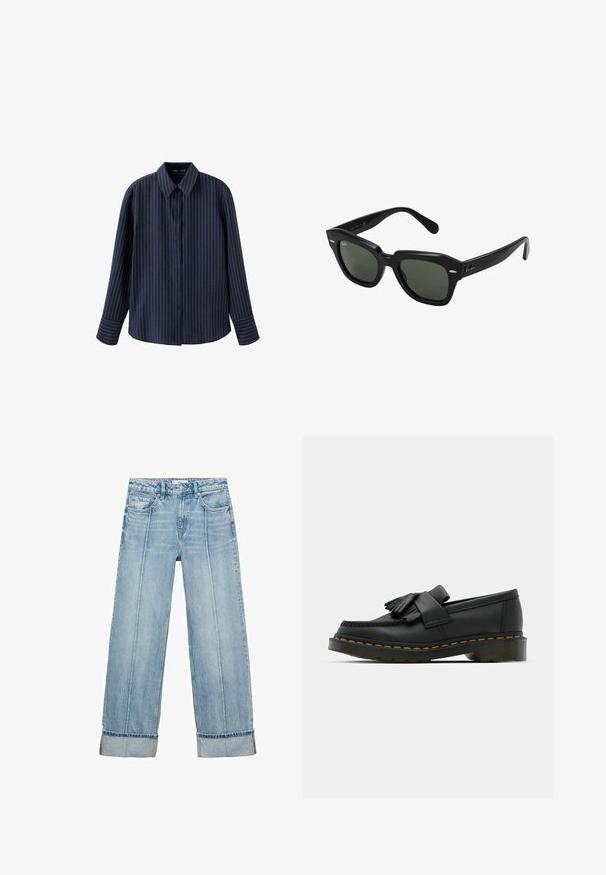 Camisa azul marino de manga larga con botones, con finas rayas verticales blancas y cuello clásico, mostrada sobre un fondo blanco.; Jeans anchos de mezclilla azul claro con una cintura alta, que cuentan con cinco bolsillos, costuras visibles y dobladillos en los puños.; Mocasines de cuero negro con punta redonda, que presentan un detalle de flecos y una banda decorativa en la parte frontal, montados sobre un tacón grueso.; Gafas de sol cuadradas negras con lentes verde oscuro, con montura audaz y acentos plateados en los laterales. Fabricadas en Italia.