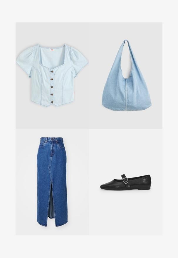 Lyseblå kortærmet bluse med firkantet udskæring og fem brune knapper foran, med let puffede ærmer.; Denim maxi nederdel i mellemblå med slids foran, høj talje og klassisk fem-lomme design. Har kontrastsyning og lynlåsåbning.; Sorte læder flade sko med rund tå, et enkelt justerbart spænde og en glat, blank overflade. Minimalistisk design med en lav hæl.; Lyseblå denim skuldertaske med bred rem og synlig central søm, vist mod en ensartet lys grå baggrund.