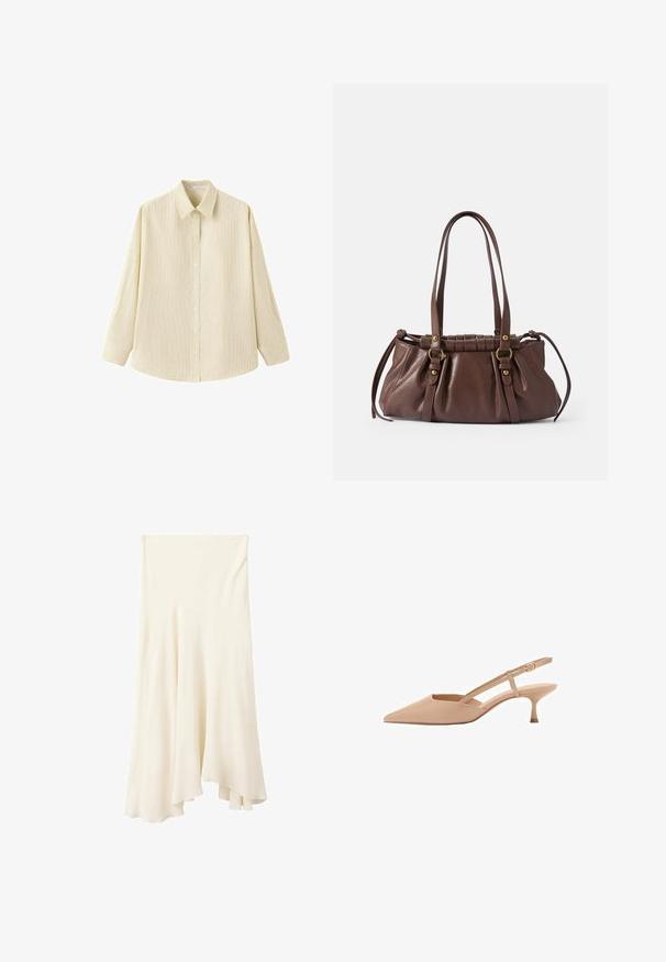 Camisa beige de manga larga con botones, con sutiles rayas verticales y cuello puntiagudo, mostrada sobre un fondo blanco.; Falda midi fluida de color crema con dobladillo asimétrico y caída suave de la tela.; Zapatos de tacón bajo tipo slingback en color nude con punta afilada, hechos de un material brillante, que cuentan con una correa delgada con hebilla ajustable.; Bolso de cuero marrón con dos asas largas, diseño acanalado, acentos de hardware en tono dorado y un acabado texturizado.
