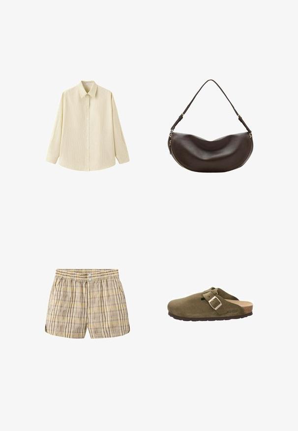 Camisa beige de manga larga con botones, con sutiles rayas verticales y cuello puntiagudo, mostrada sobre un fondo blanco.; Pantalones cortos ligeros de cuadros beige y marrón con cintura elástica y dos botones delanteros.; Zuecos de gamuza verde con una correa ancha y hebilla de metal, plantilla de corcho y suela de goma. Presenta un pequeño orificio de ventilación en la parte superior.; Bolso de hombro de cuero marrón oscuro con forma curva, correa ajustable y cremallera dorada a lo largo del borde inferior.