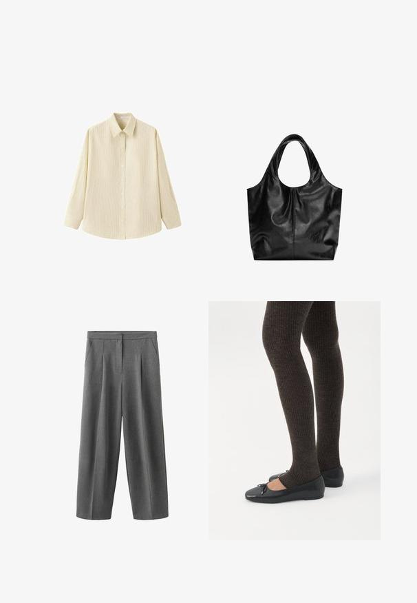 Chemise beige à manches longues boutonnée avec des rayures verticales subtiles et un col pointu, présentée sur fond blanc.; Pantalon gris à jambes larges avec plis à l'avant, poches latérales et taille haute, confectionné dans un tissu à texture lisse.; Jambes portant des leggings côtelés foncés associés à des ballerines noires avec de petits détails en nœud sur fond blanc.; Sac fourre-tout en cuir noir avec une texture lisse, un haut arrondi doux et de larges poignées. Présente une couture minimale et une silhouette décontractée.