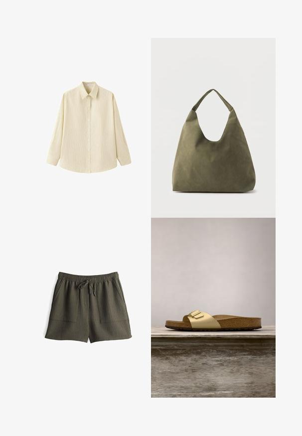 Beige overhemd met lange mouwen en knopen, subtiele verticale strepen en een puntige kraag, getoond op een witte achtergrond.; Olijfgroene korte broek met een geribbelde textuur, elastische tailleband, trekkoordsluiting en twee zijzakken.; Gouden synthetische slipper met een enkele band en een gespaccent, met een bruine kurken voetbed en een gestructureerde rubberen zool.; Schoudertas van zacht leer in olijfgroen met een brede, enkele band en een ontspannen, ongestructureerde vorm op een lichte achtergrond.