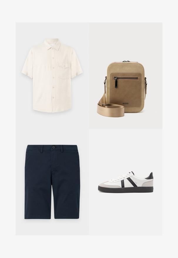 Kurzärmeliges beiges Hemd mit Knopfleiste, spitzem Kragen und einer Brusttasche mit Knopf, flach auf hellem Hintergrund liegend.; Marineblaue Shorts aus Baumwollmischung, mit Knopfverschluss, Gürtelschlaufen und geradem Saum mit minimaler Gestaltung.; Weiße Sneaker mit schwarz- und grau-aczenten, ausgestattet mit einer strukturierten grauen Zehenkappe, schwarzer Gummi-Sohle und flachen weißen Schnürsenkeln. Sauberes Design, minimalistische Stil.; Kleine beige Umhängetasche mit vorderer Reißverschlusstasche, metallischem ALDO-Logo, verstellbarem breitem Riemen und abgerundeter rechteckiger Form vor weißem Hintergrund.