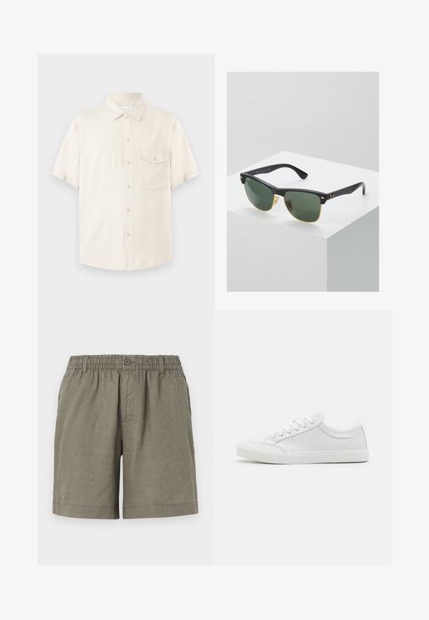 Kortærmet beige skjorte med knapper, spids krave og enkelt brystlomme med knap, vist fladt på en lys baggrund.; Khaki shorts i letvægtsstof med elastisk talje og knaplukning. Har et lige ben design og optrukket kant.; Hvide sneakers med en glat læderoverdel, rund tå, flad gummisål og seks øjestik til snørebånd. Subtile syninger og minimalistisk design.; Ray-Ban solbriller med grønne linser, sorte plastikstel og gyldne detaljer ved kanterne. Firkantet form med mat finish.